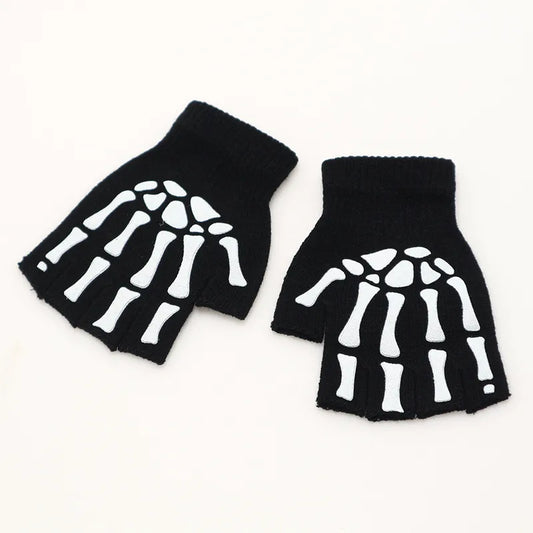 Unisex Skeleton Bones Print Fingerless Skull Gloves