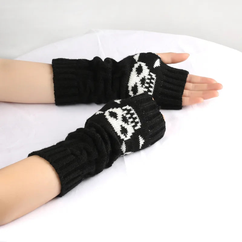 Sweater Fingerless Arm Warmer Gloves with Skull and Crossbone
