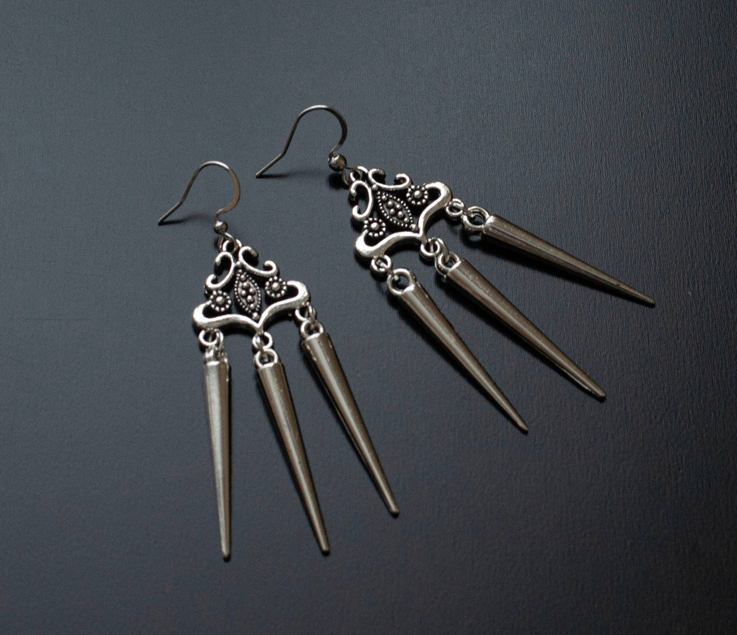 Silver Tone Filigree Earrings with Spikes