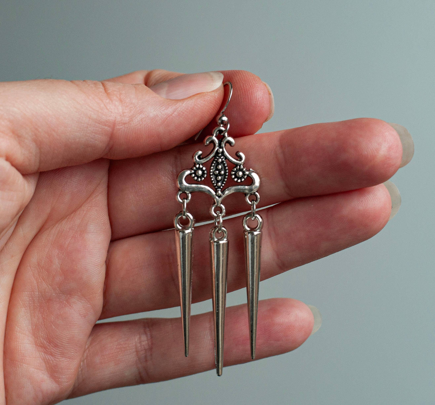 Silver Tone Filigree Earrings with Spikes