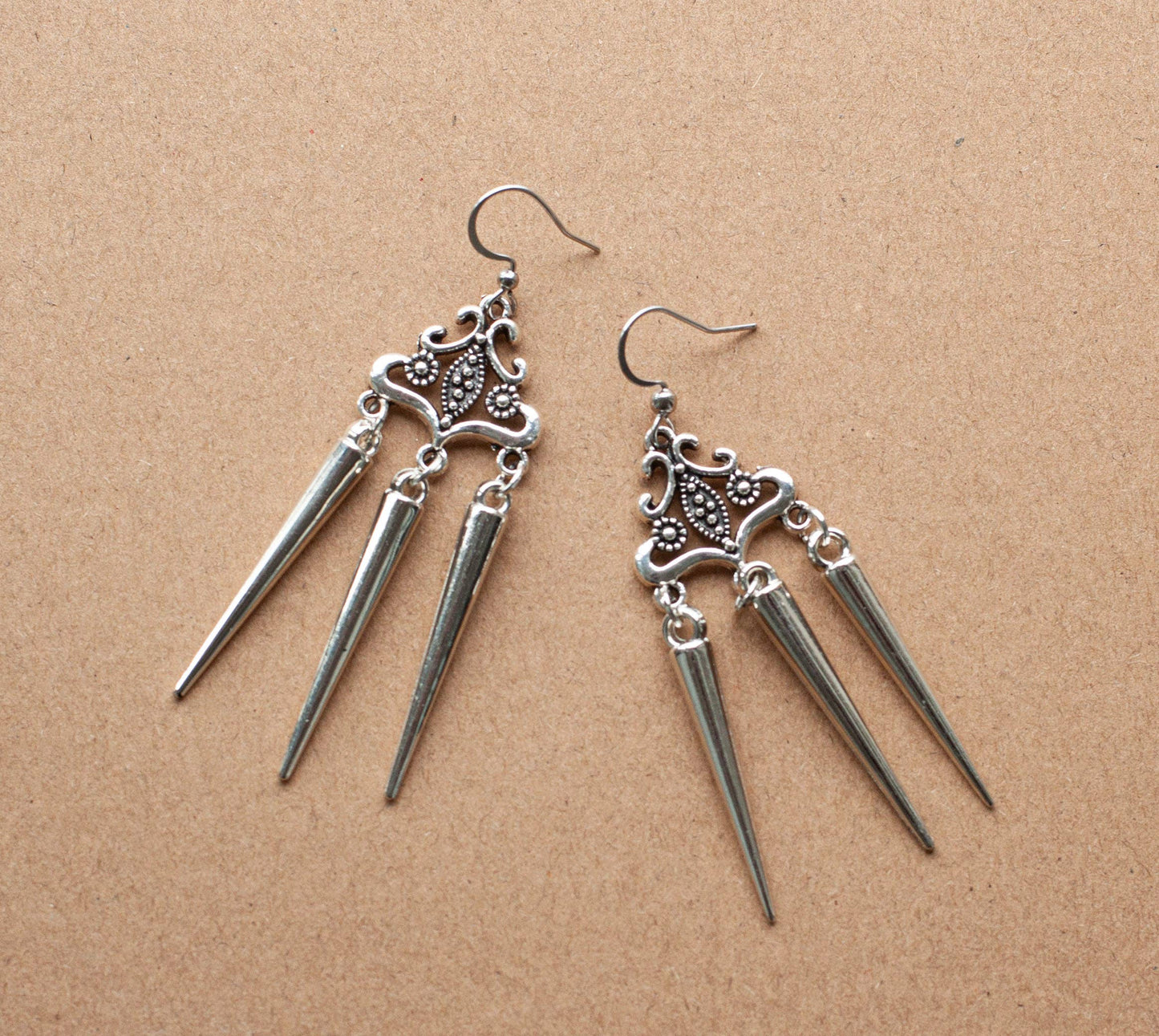 Silver Tone Filigree Earrings with Spikes