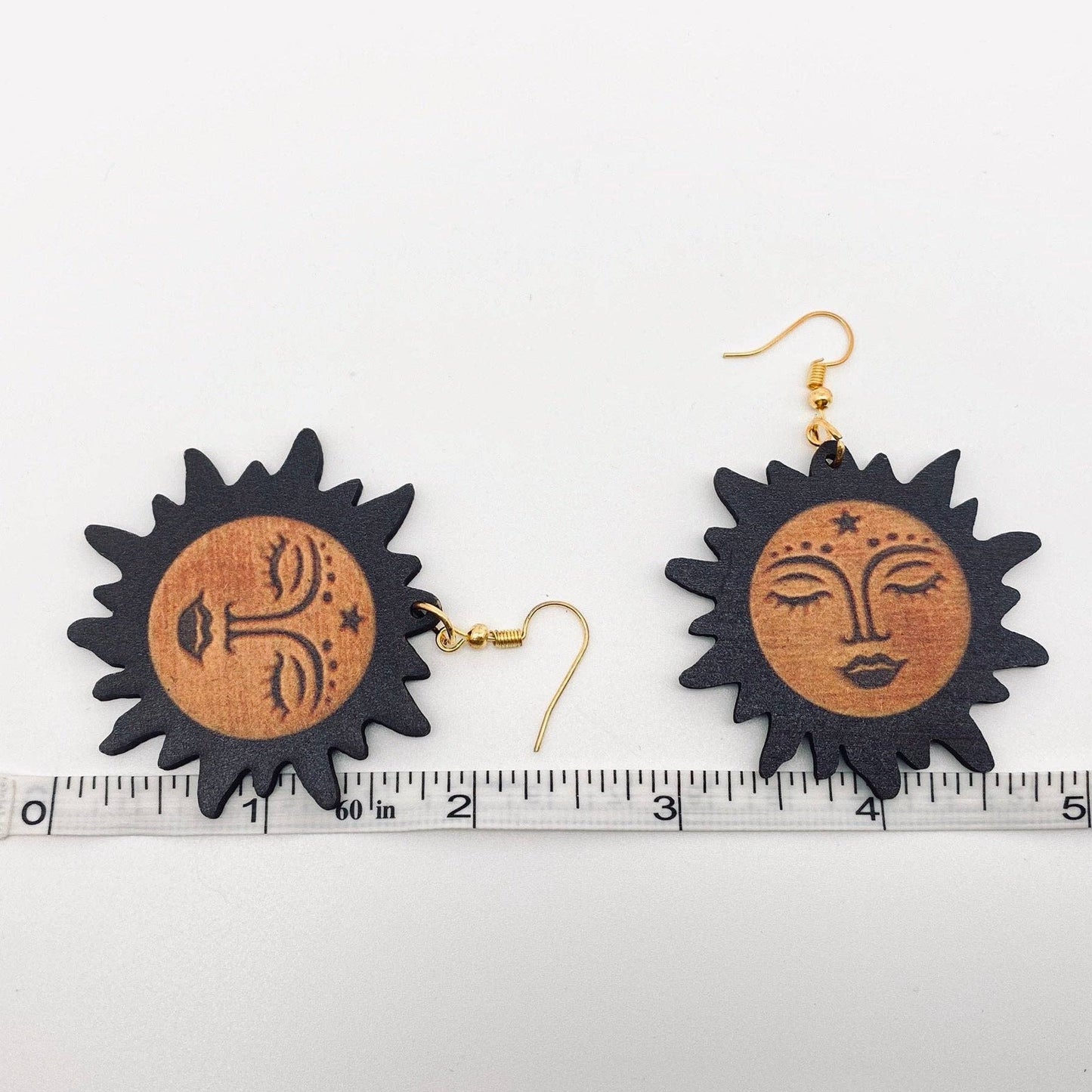 Face Sun Shape Pendant Double Sided Wooden Earrings - MS