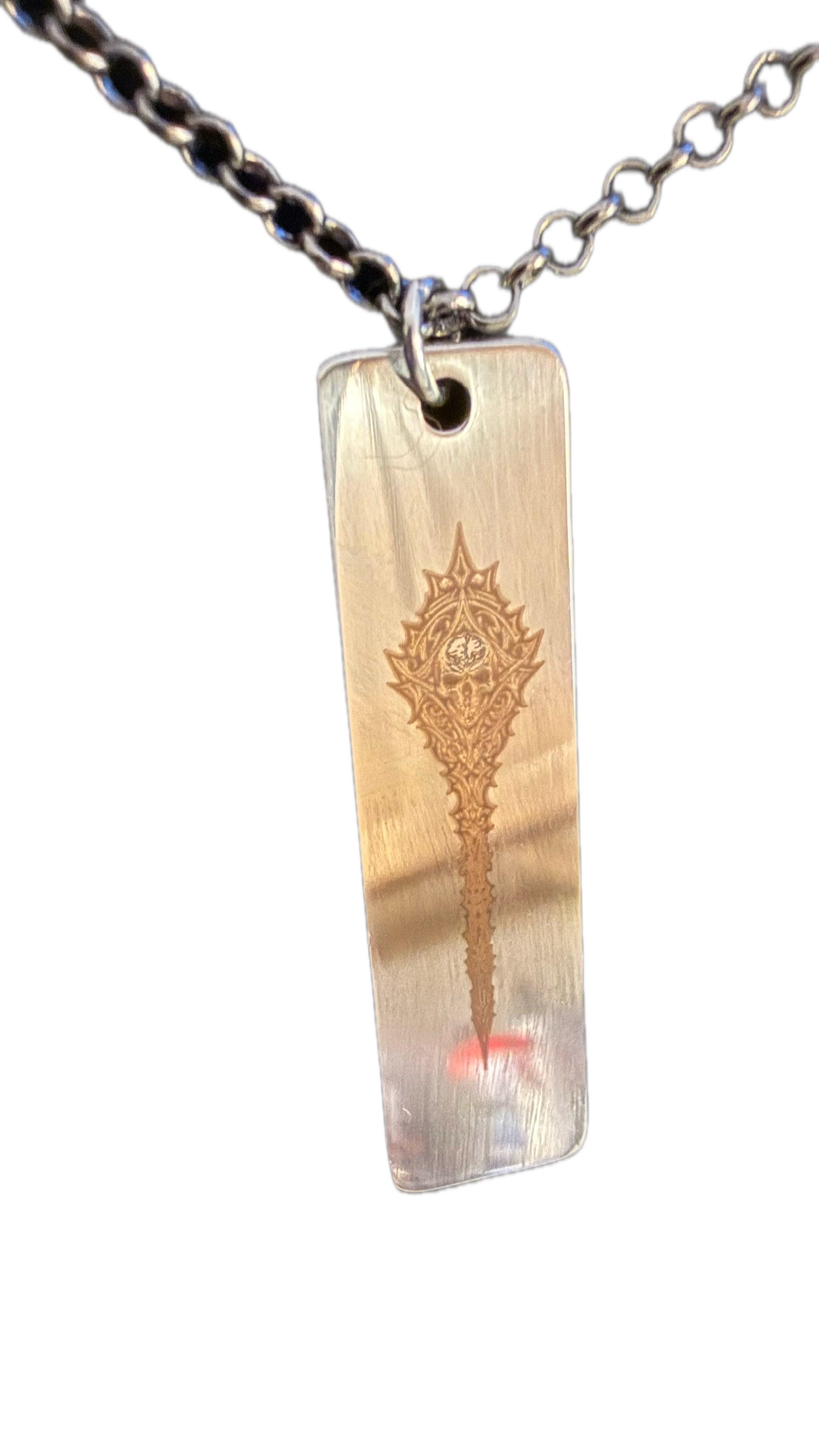 (Copy) Wild as Death (Steel Bar Pendant necklace with Ornate Skull Design on silver chain)