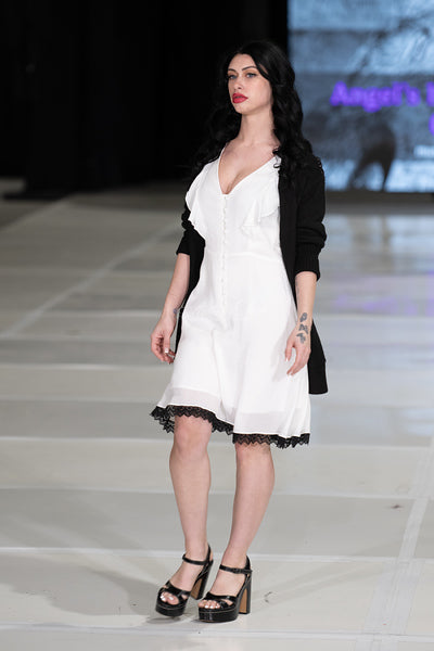 Tea Time with Grim White Dress Black Lace Trim