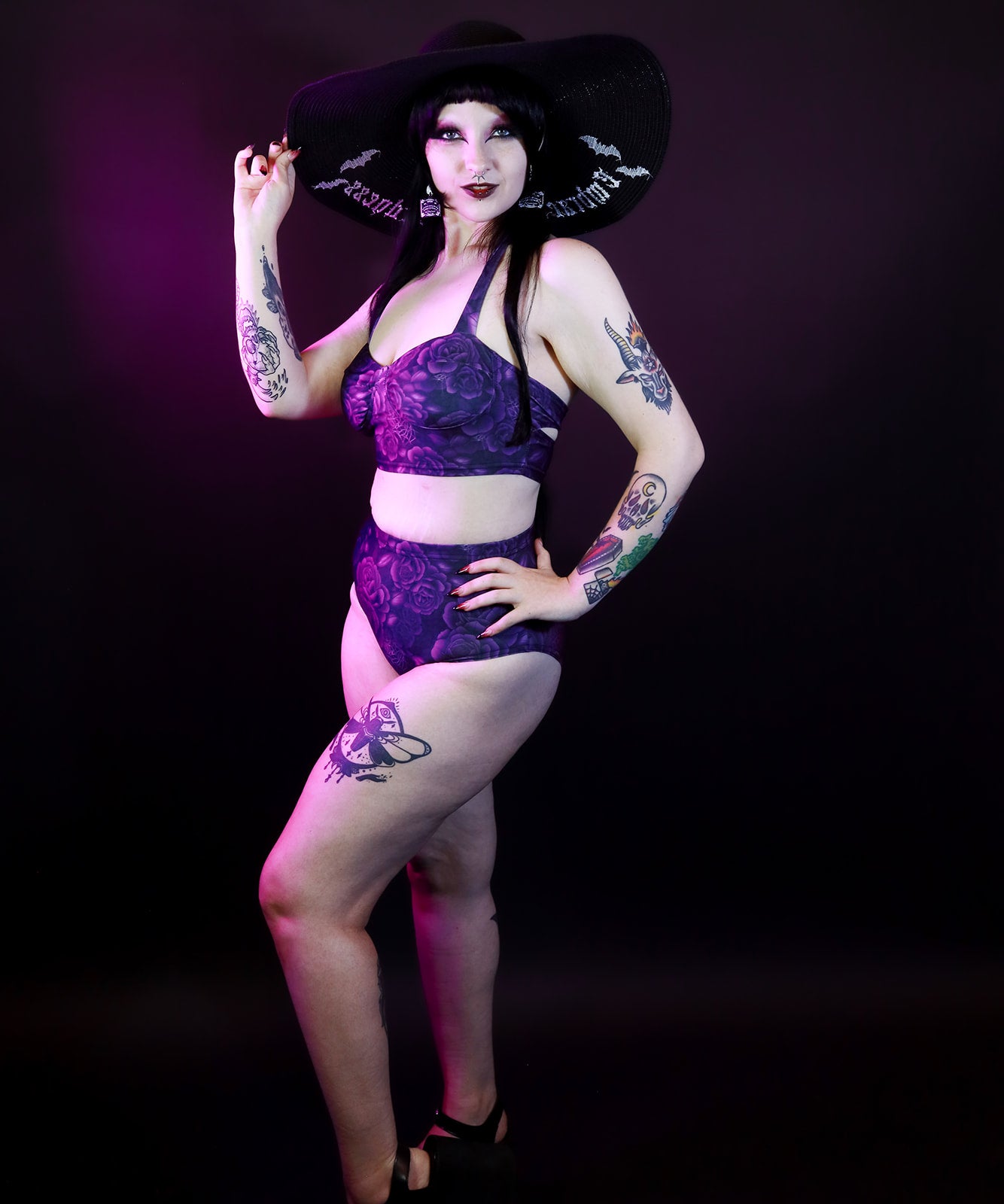 Retro Gothabilly Purple Spiderweb & Rose Two piece including Plus Sizes