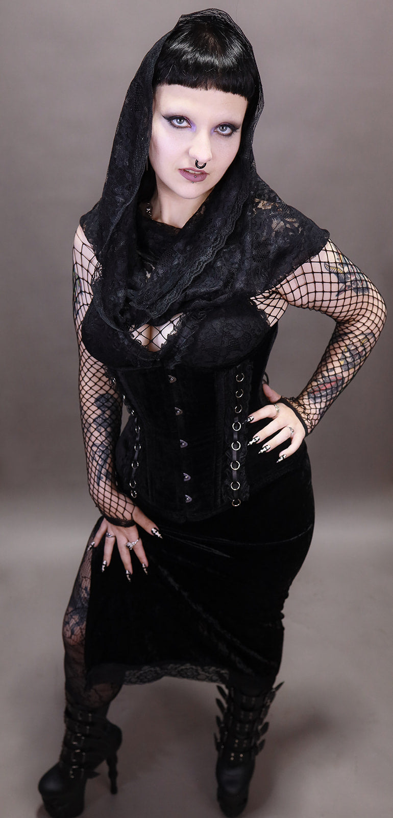 Velvet Underbust Corset with Lace Trim