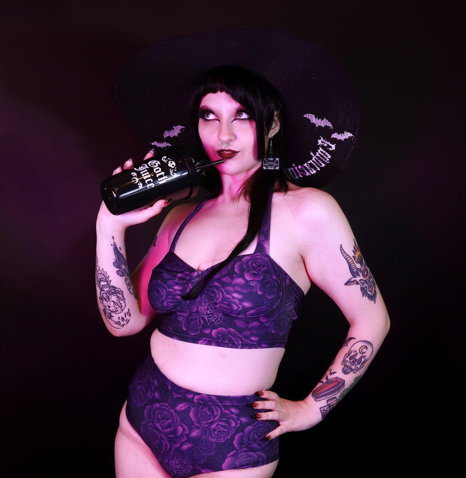 Retro Gothabilly Purple Spiderweb & Rose Two piece including Plus Sizes