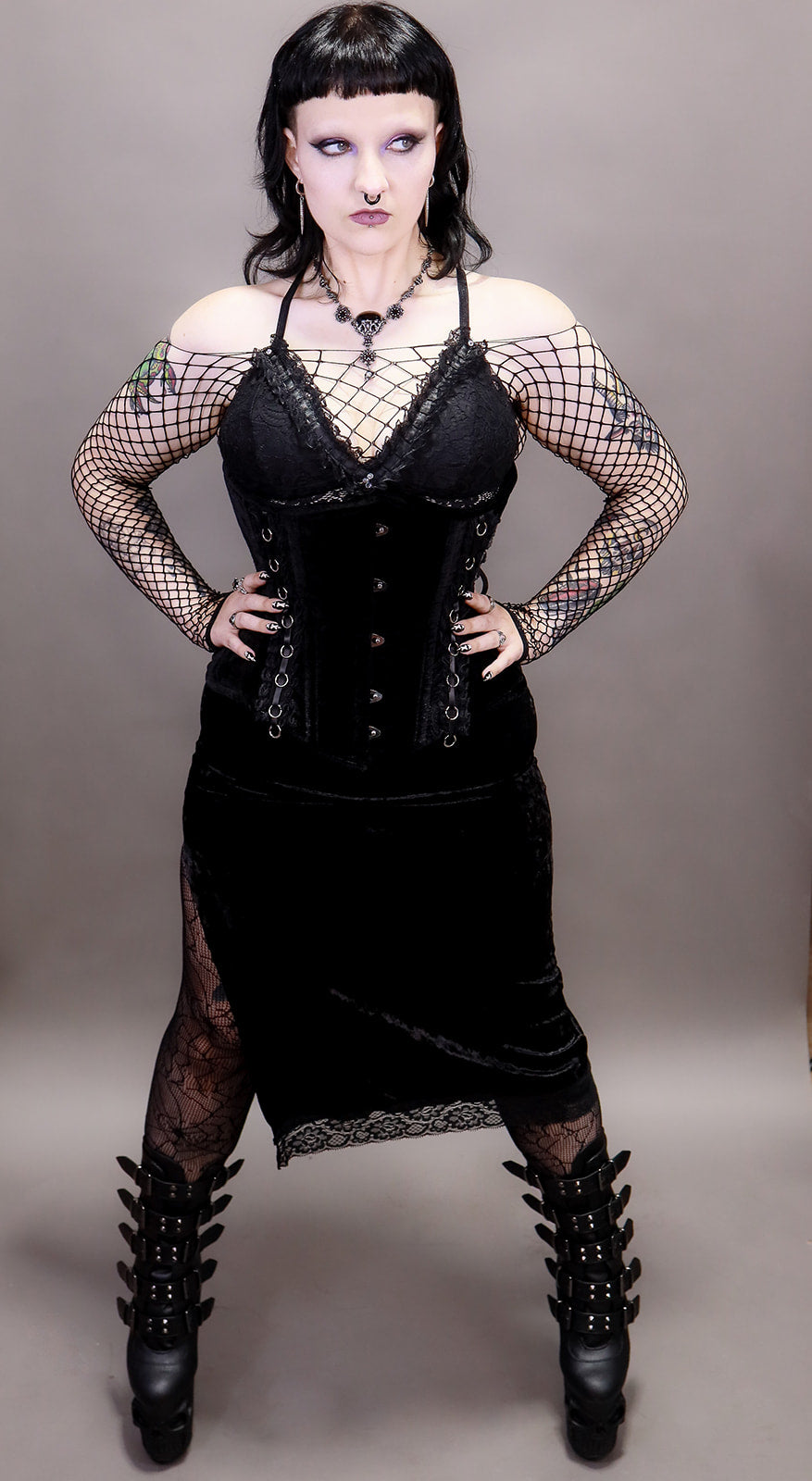 Velvet Underbust Corset with Lace Trim