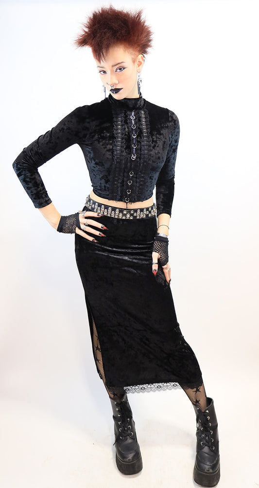 Black Velvet Midi Skirt with Side Slit