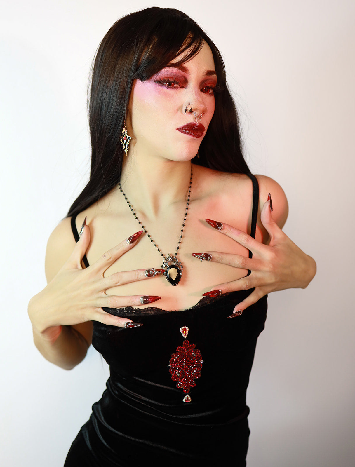 Black velvet slipper dress with jewels