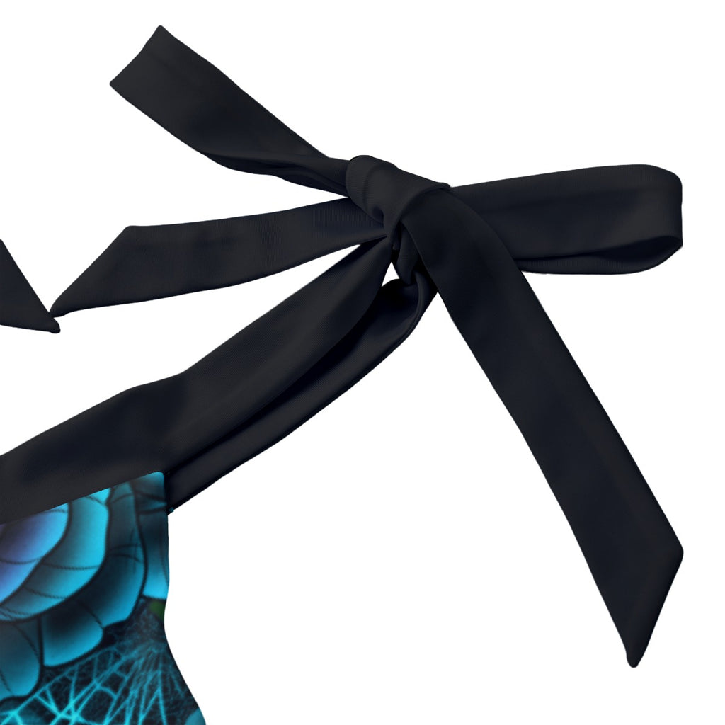 Teal & Purple Spiderweb & Roses Tie Shoulder One-piece Padded Swimsuit Up to 5XL