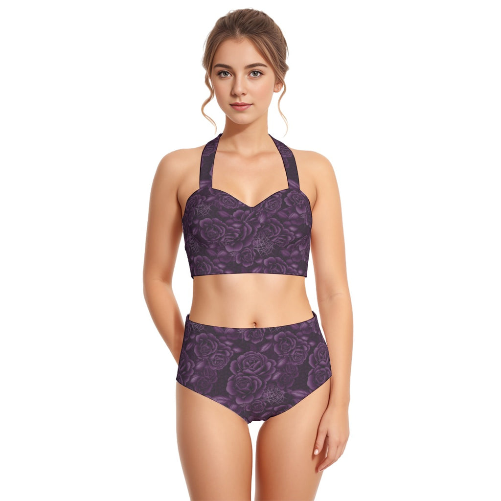 Retro Gothabilly Purple Spiderweb & Rose Two piece including Plus Sizes