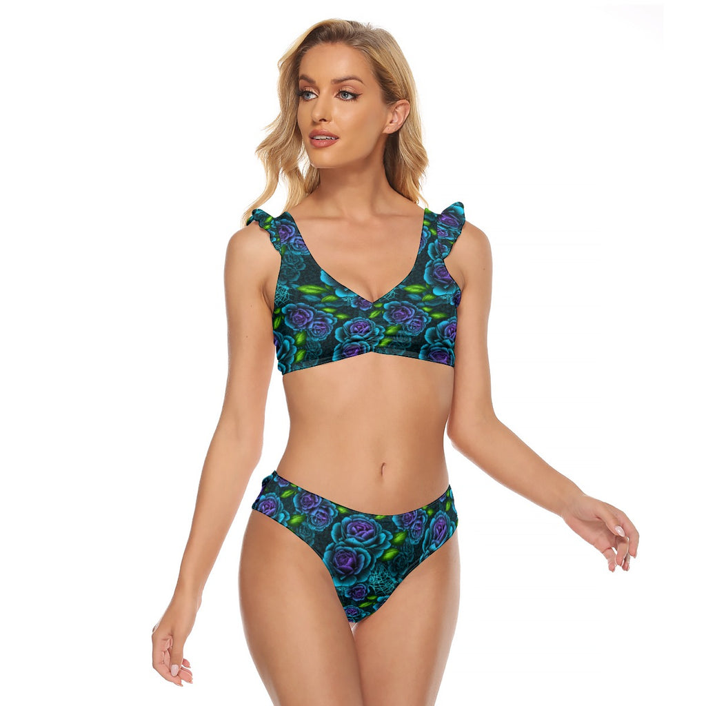 Teal & Purple Spiderweb & Rose Bikini Swimsuit With Ruffle Cuff Bra