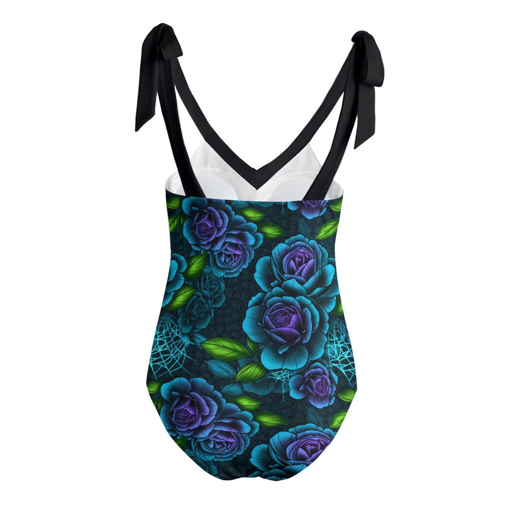 Teal & Purple Spiderweb & Roses Tie Shoulder One-piece Padded Swimsuit Up to 5XL