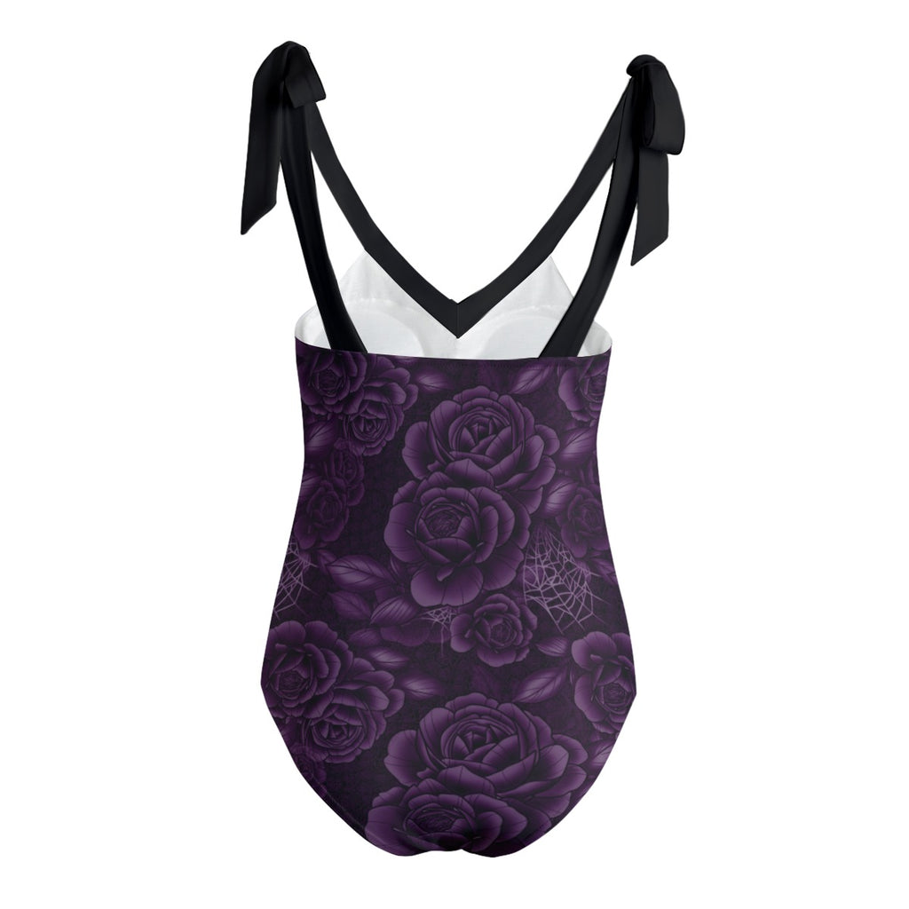 Purple Spiderweb & Rose Tie Shoulder One-piece Padded Swimsuit up to 5XL