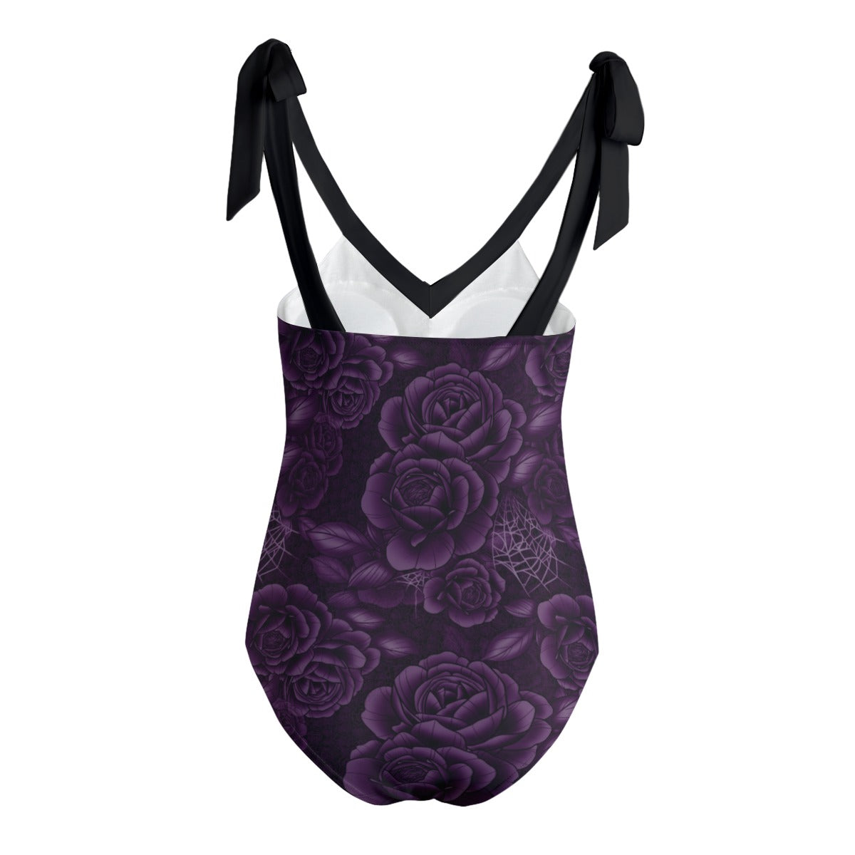 Purple Spiderweb & Rose Tie Shoulder One-piece Padded Swimsuit up to 5XL