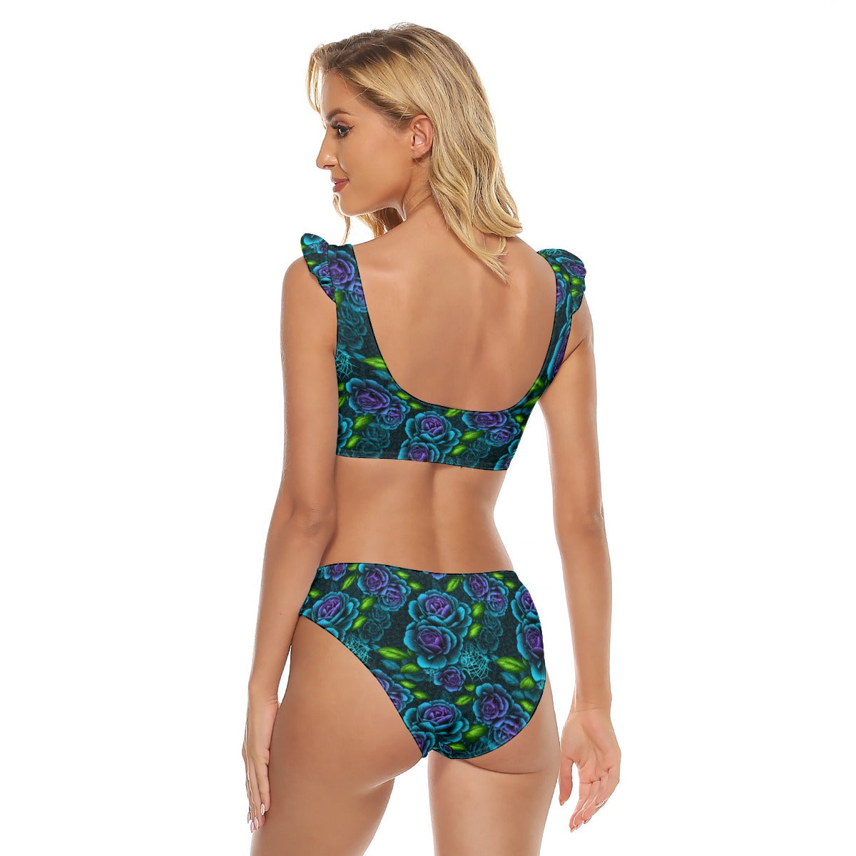Teal & Purple Spiderweb & Rose Bikini Swimsuit With Ruffle Cuff Bra