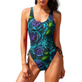 Teal & Purple Spiderweb Roses One Piece Swimsuit