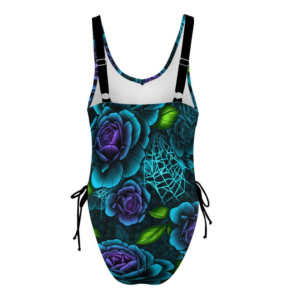 Teal & Purple Spiderweb Roses One Piece Swimsuit