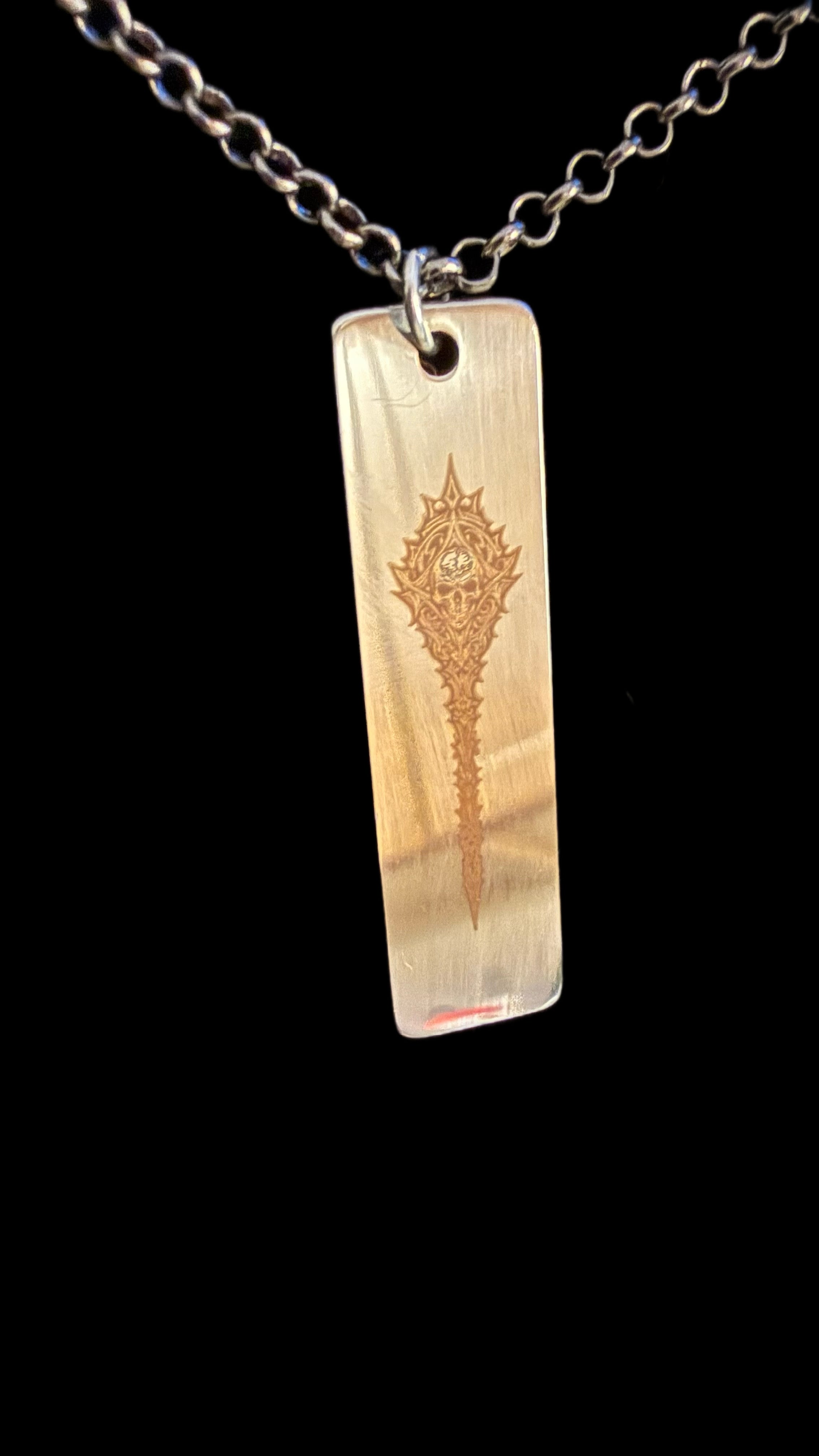 (Copy) Wild as Death (Steel Bar Pendant necklace with Ornate Skull Design on silver chain)