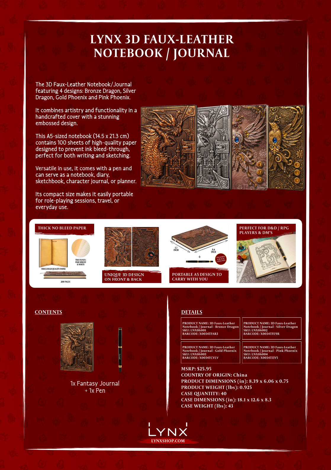 3D Faux-Leather Notebook / Journal - Gold Phoenix