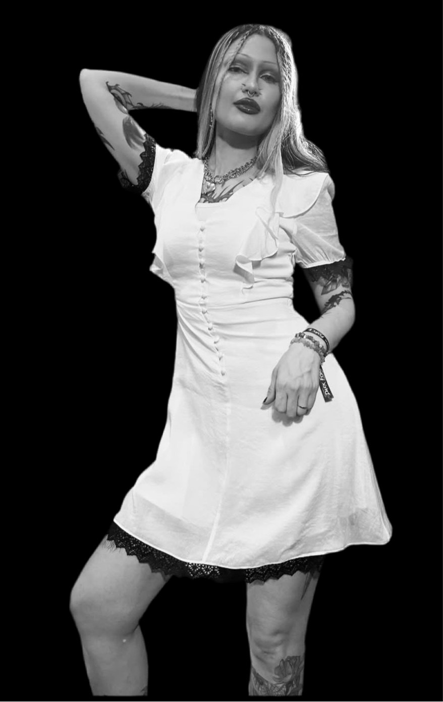 Tea Time with Grim White Dress Black Lace Trim