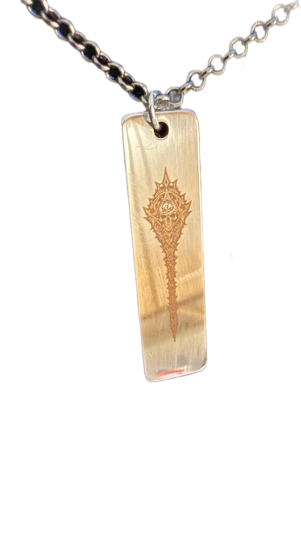 (Copy) Wild as Death (Steel Bar Pendant necklace with Ornate Skull Design on silver chain)