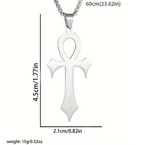 Silver cross pendant necklace with dimension markings showing 60cm length, 4.5cm height, and 2.