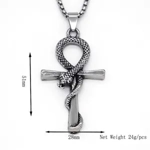 Silver-toned metal pendant necklace featuring an ankh cross design with a coiled snake wrapping through it, shown on a white background with dimension arrows and text indicating 51mm height, 28mm width, and 24g net weight.