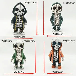 Four views of a skeleton-themed hooded figurine or collectible toy on a white background, with red arrows and text showing dimensions: height 14 cm and width 7 cm. The figurine wears a black hoodie with white skeleton graphics, and in two additional views it wears green and orange hooded outfits.