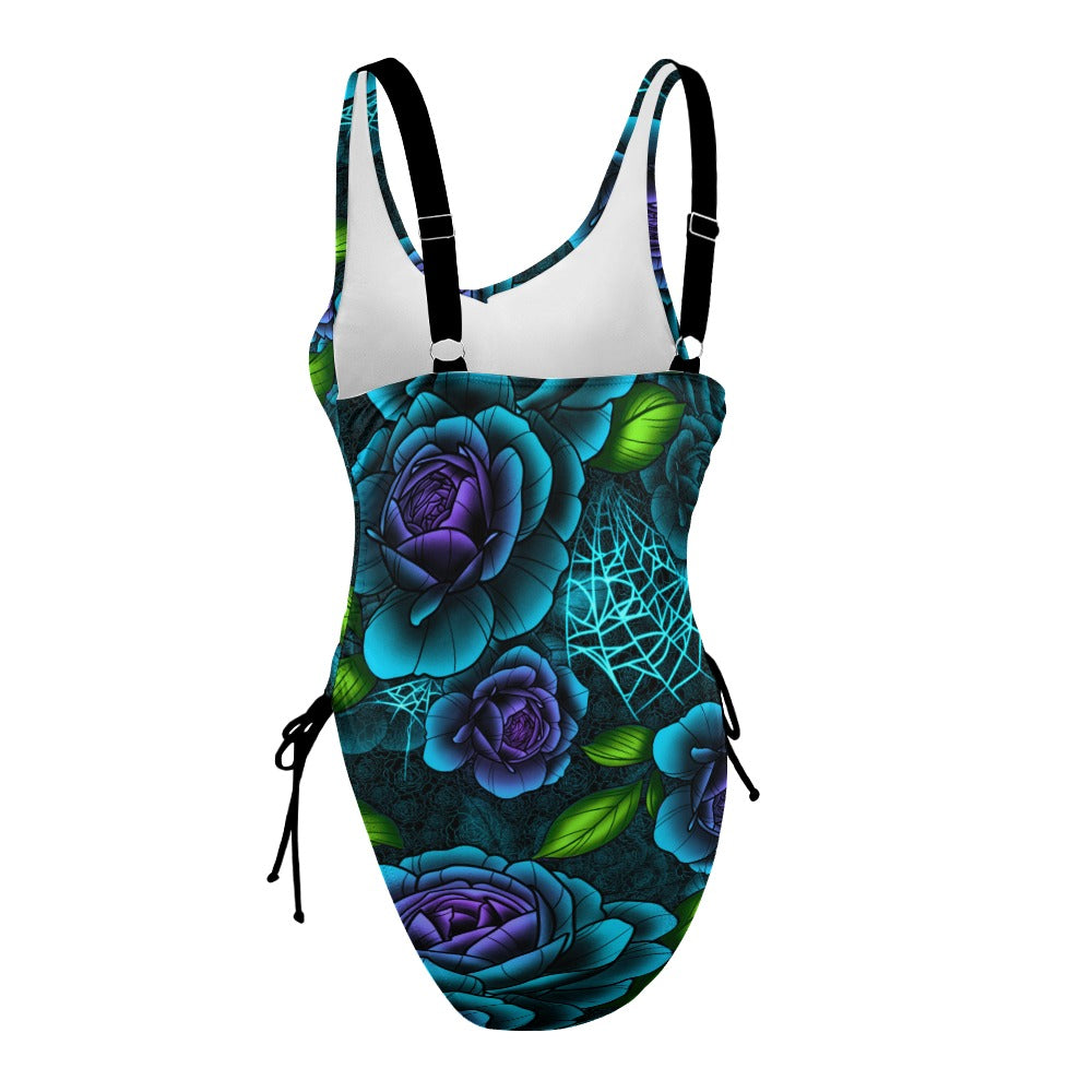 Teal & Purple Spiderweb Roses One Piece Swimsuit