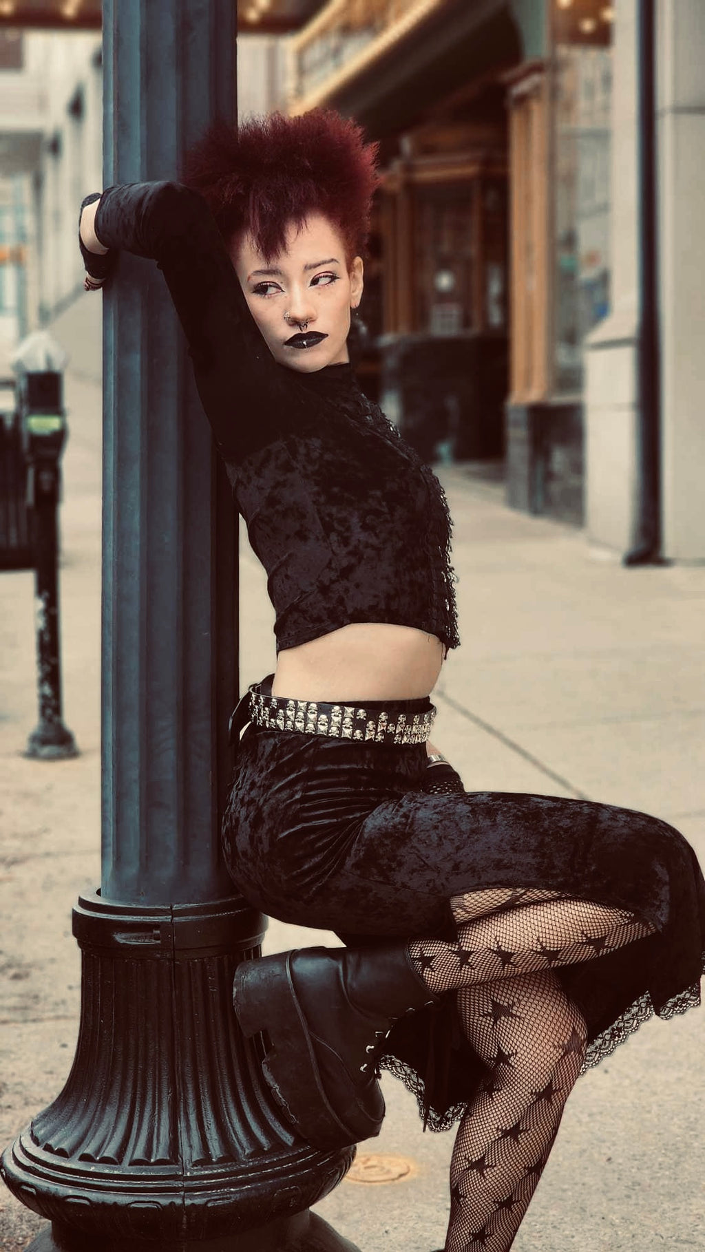 Velvet Mock Neck Crop Top with Ruffles