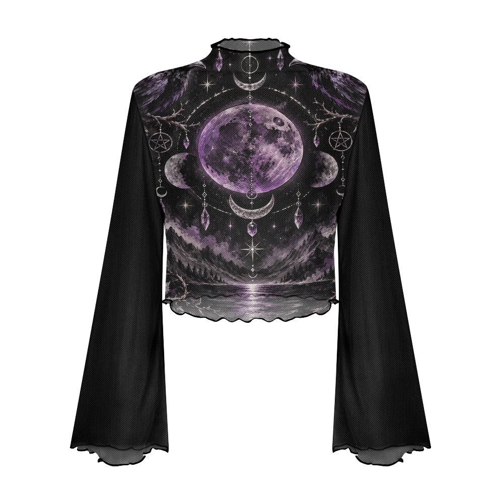 A black long-sleeve mock-neck blouse with a high scalloped neckline, featuring a detailed purple and black celestial print on the front with a large moon, stars, and occult symbols.