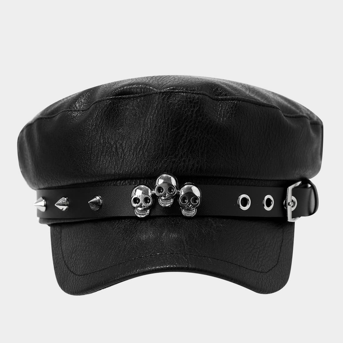 Punk Leather Flat Top Cap Studded Army Hat_CWAH04630