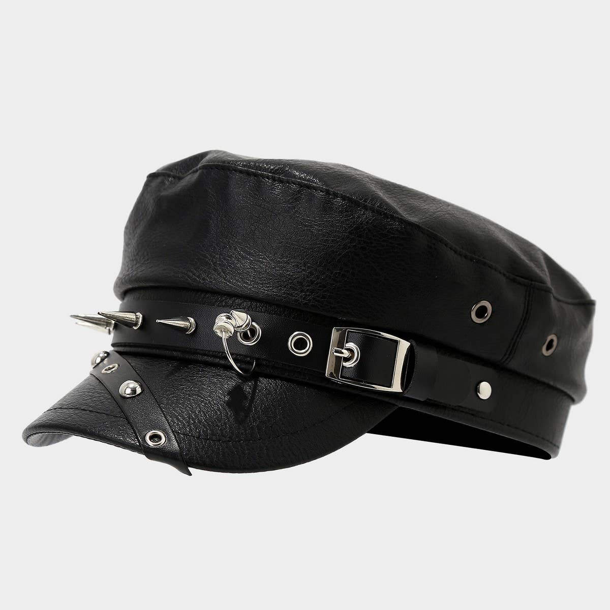Punk Leather Flat Top Cap Studded Army Hat_CWAH04630