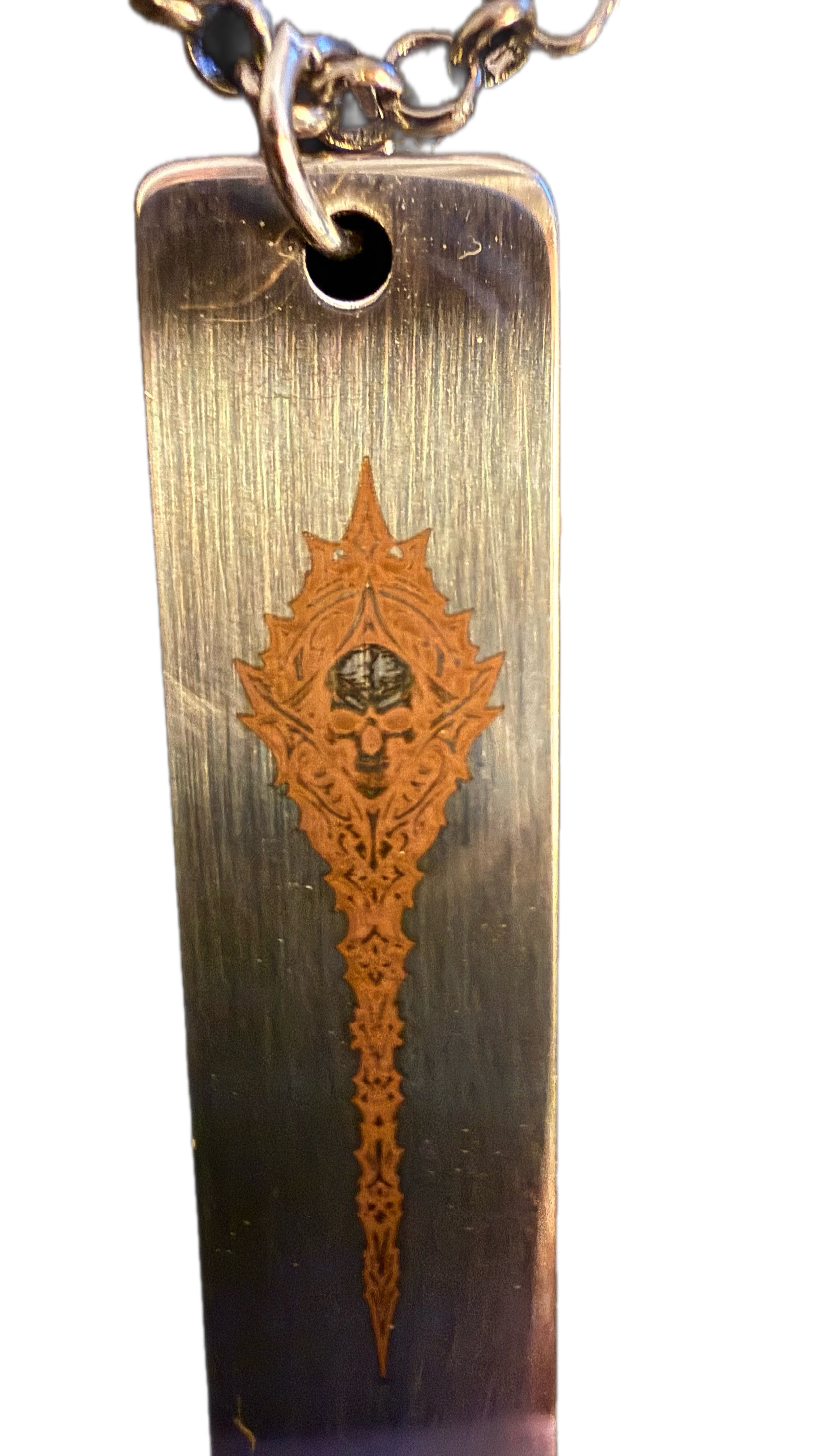 (Copy) Wild as Death (Steel Bar Pendant necklace with Ornate Skull Design on silver chain)