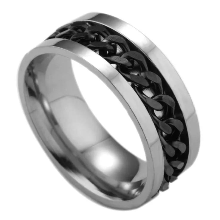 Silver Band with Black Chain Link Ring