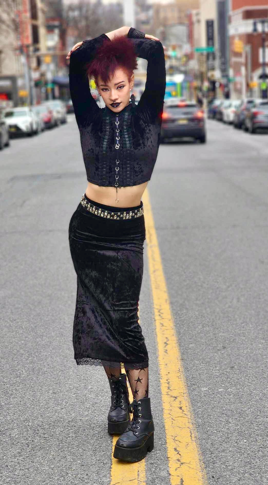 Velvet Mock Neck Crop Top with Ruffles