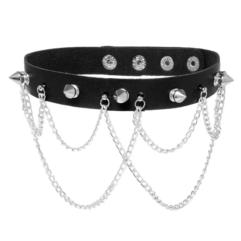 Spiked Leather Choker Black with Chains