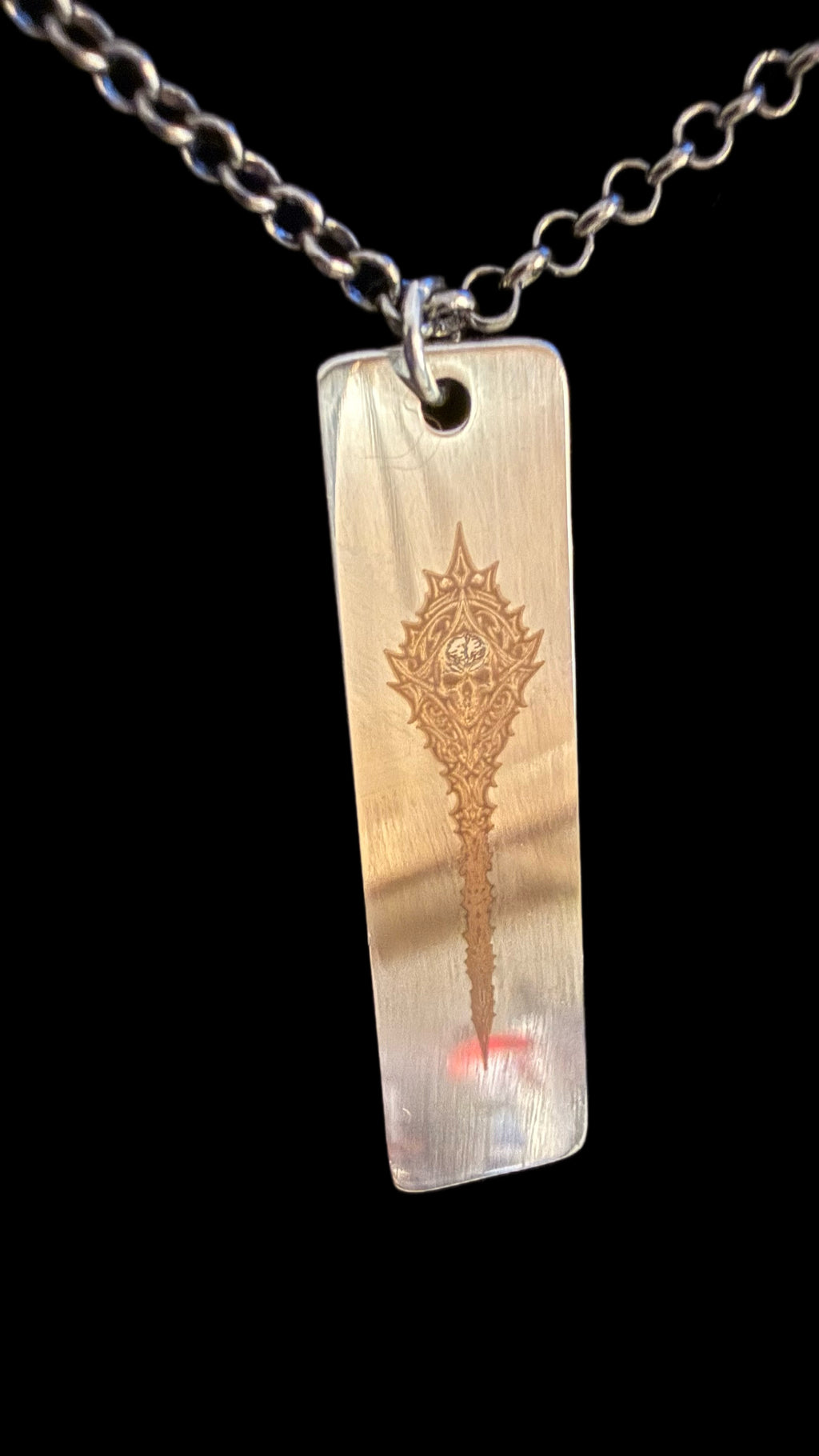 (Copy) Wild as Death (Steel Bar Pendant necklace with Ornate Skull Design on silver chain)