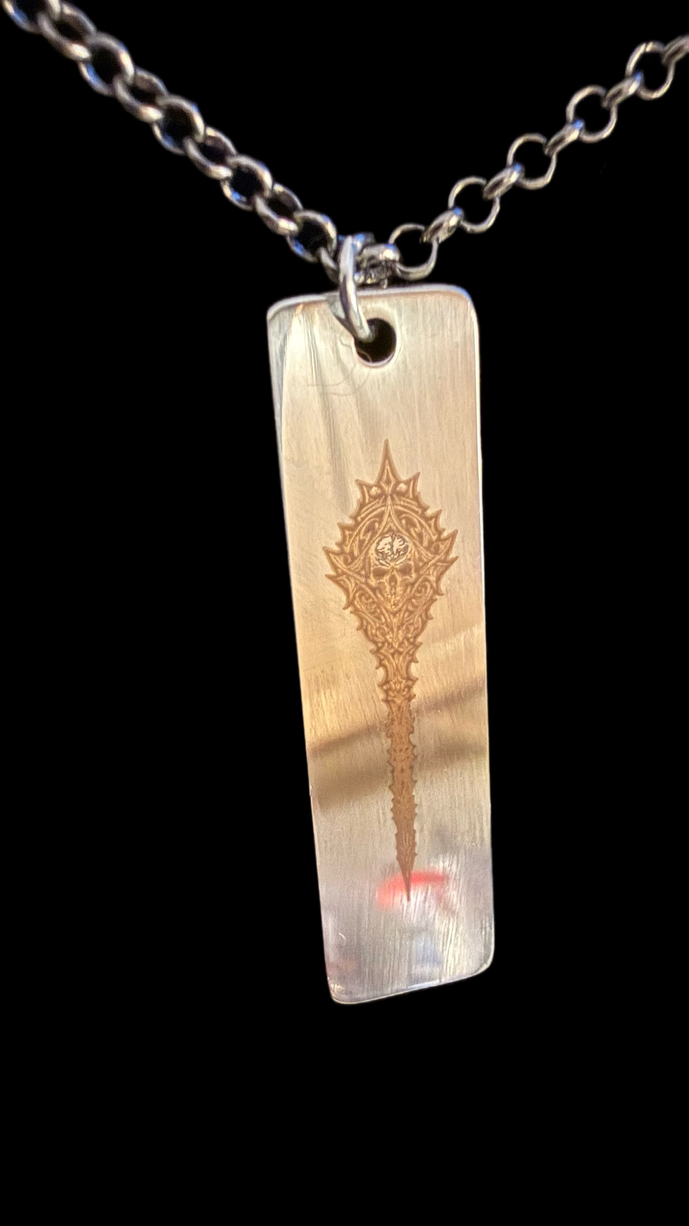 (Copy) Wild as Death (Steel Bar Pendant necklace with Ornate Skull Design on silver chain)