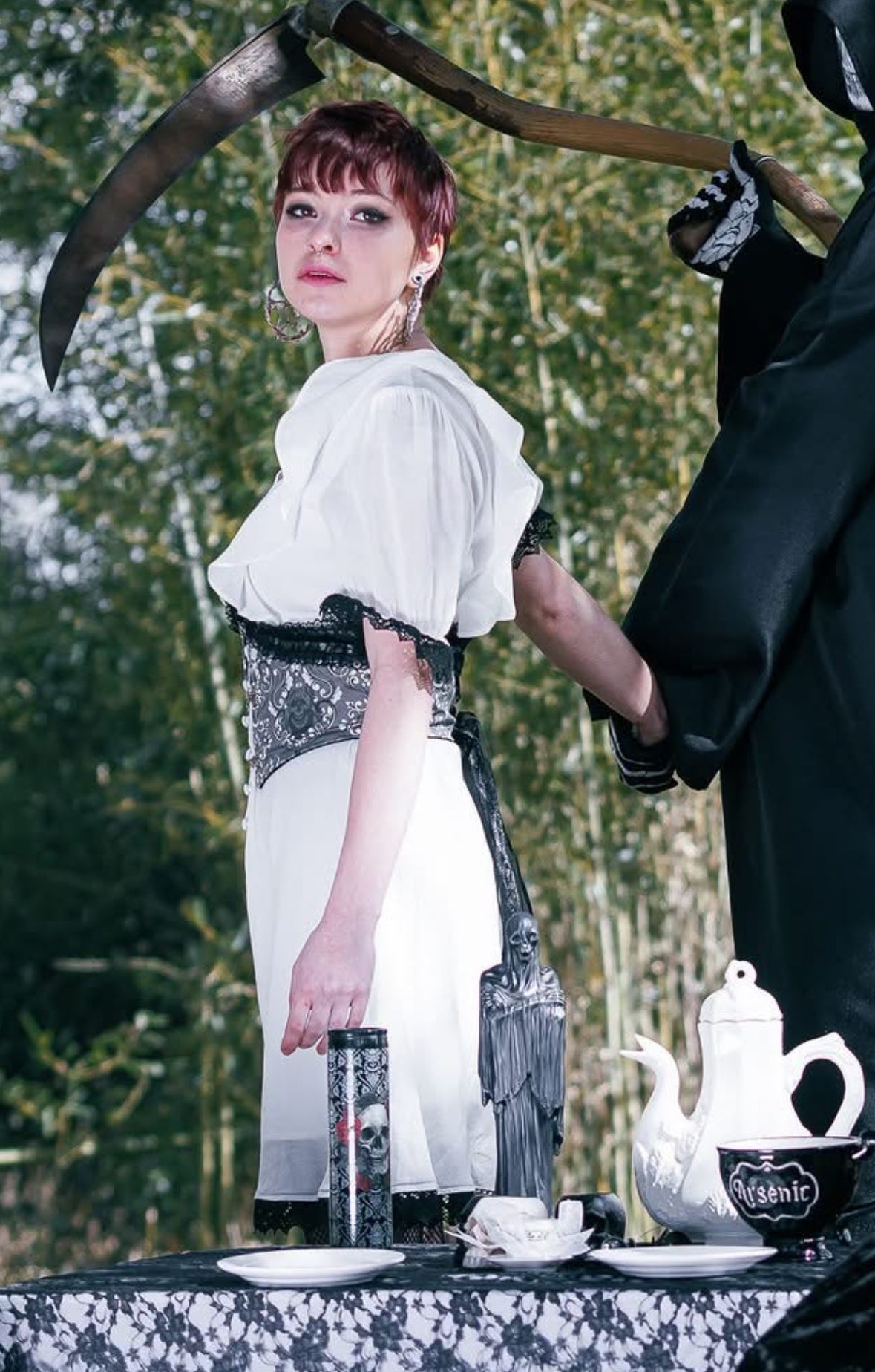 Tea Time with Grim White Dress Black Lace Trim