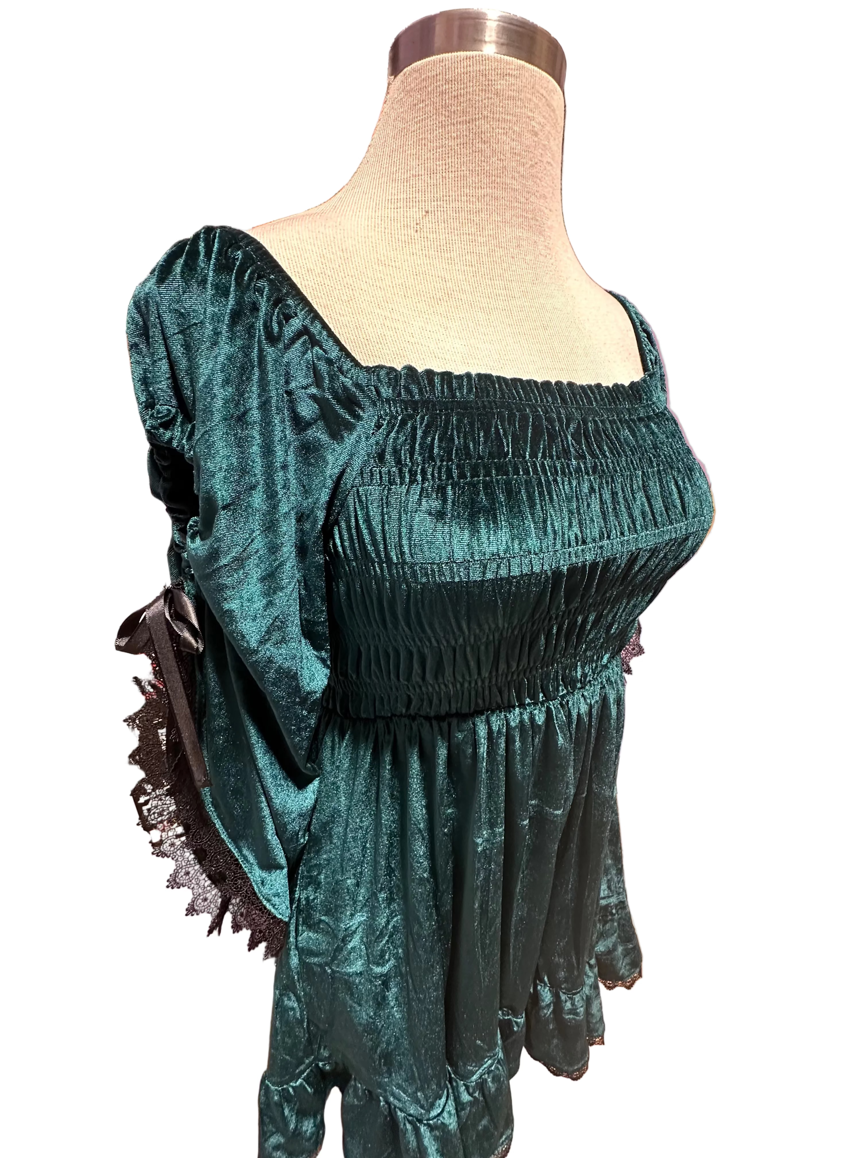 Green Gothic Baby Doll with Adjustable Gathered Statement Sleeve