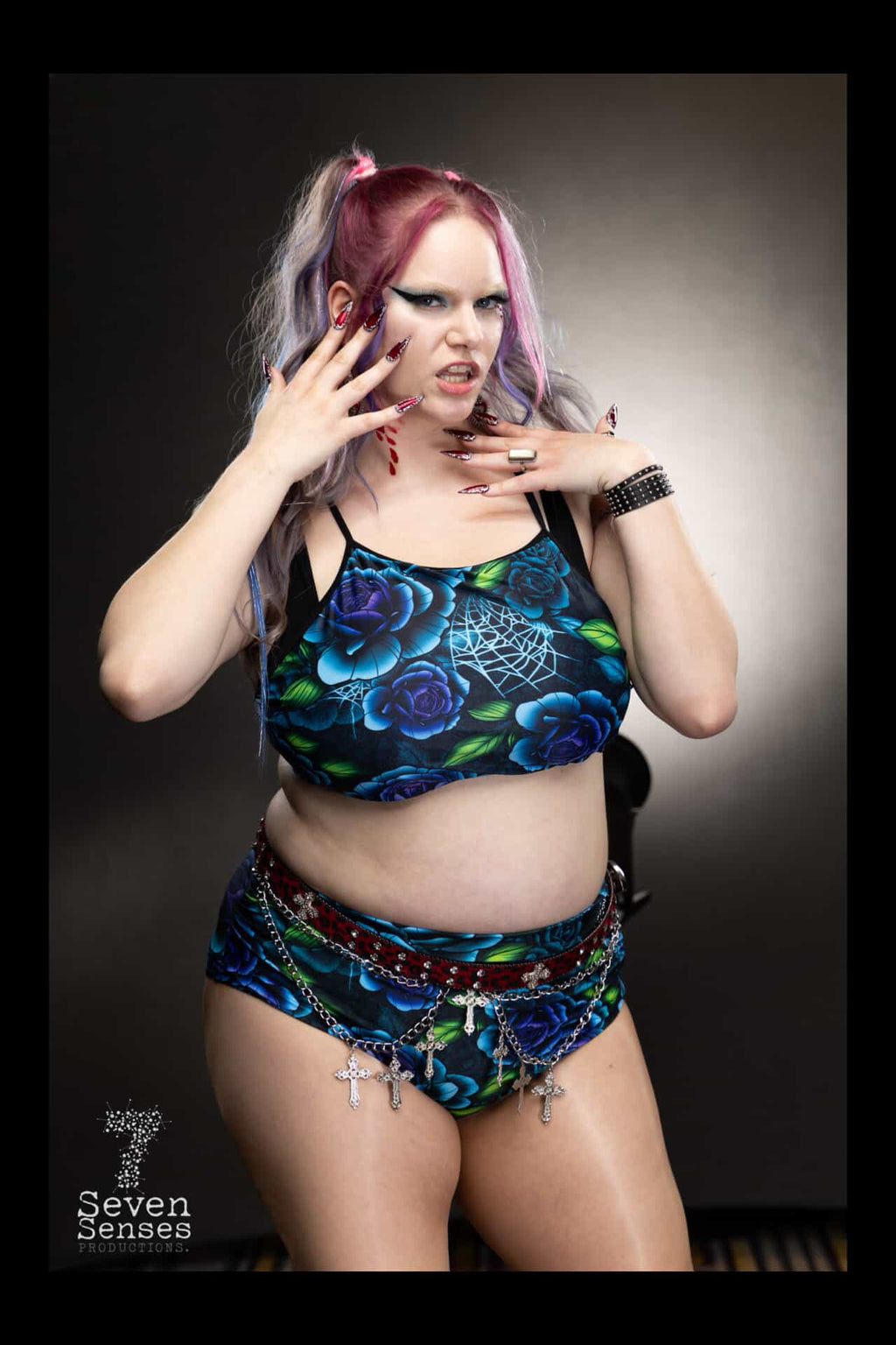 Teal & Purple Spiderweb Rose Two Piece Bikini Swimsuit