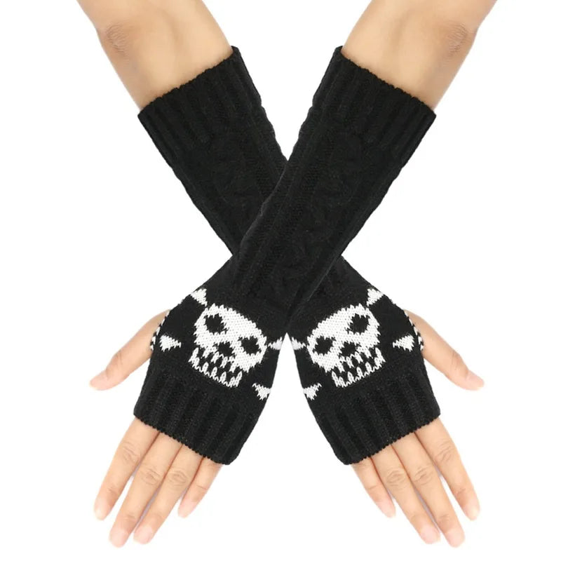 Sweater Fingerless Arm Warmer Gloves with Skull and Crossbone
