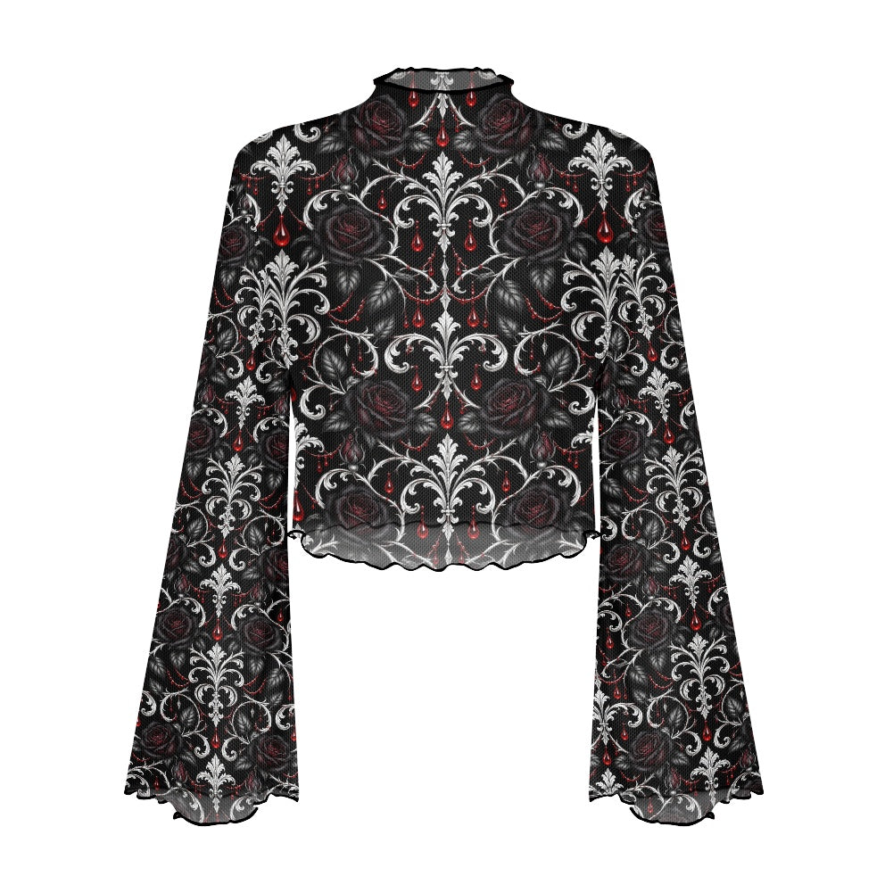 A long-sleeve mock neck blouse featuring a black, white, and red gothic damask rose pattern, displayed on a solid white background.