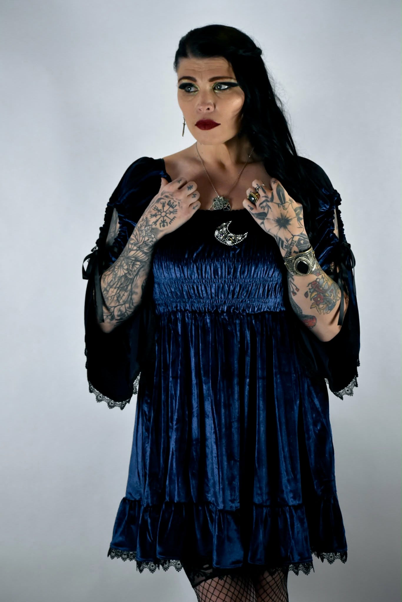 Blue Gothic Baby Doll with Adjustable Gathered Statement Sleeve