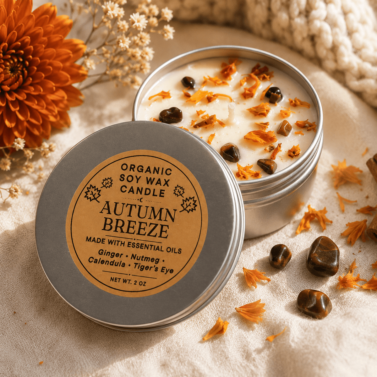 Autumn Breeze Manifest Crystal Candle | Tiger's Eye 2oz - Angel's House of Design Co.