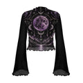 A black long-sleeve crop top with a ruffled hem and flared bell sleeves, featuring a detailed celestial print of a purple full moon, crescent moons, stars, and occult symbols over a dark sky and reflective water.