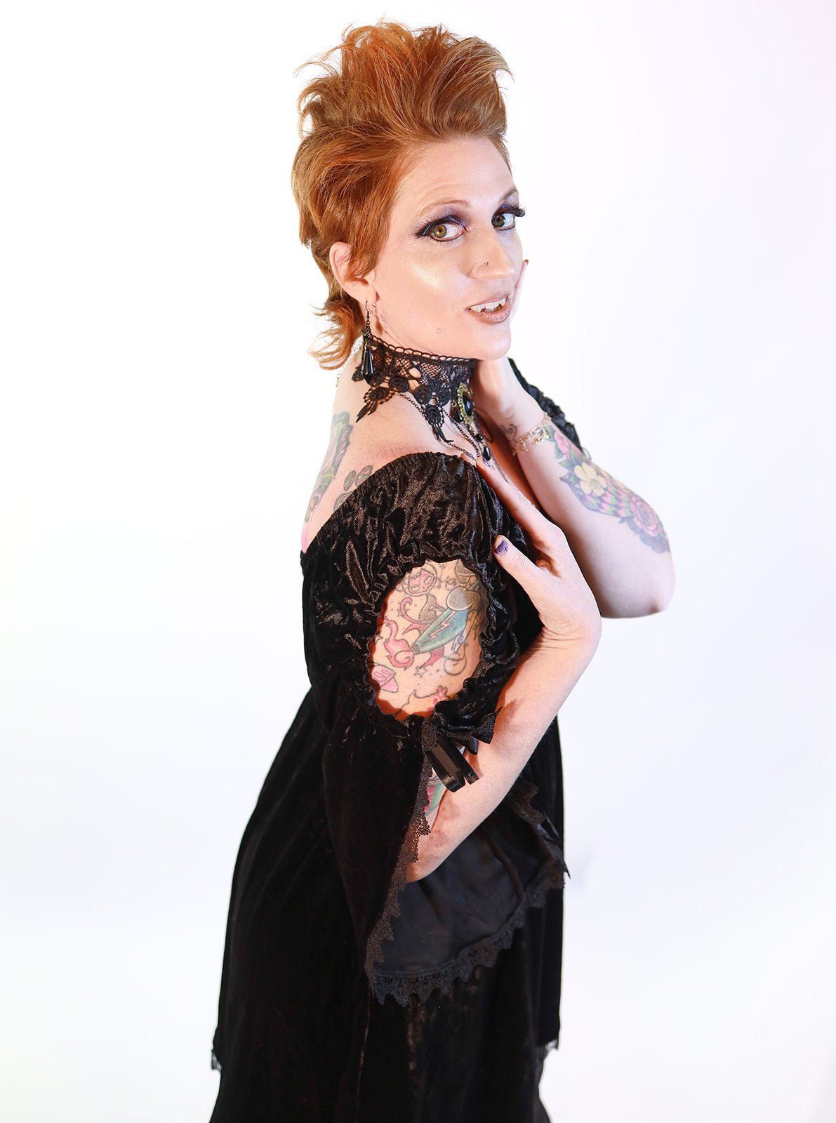 Black Gothic Baby Doll with Adjustable Gathered Statement Sleeve - Angel's House of Design Co.